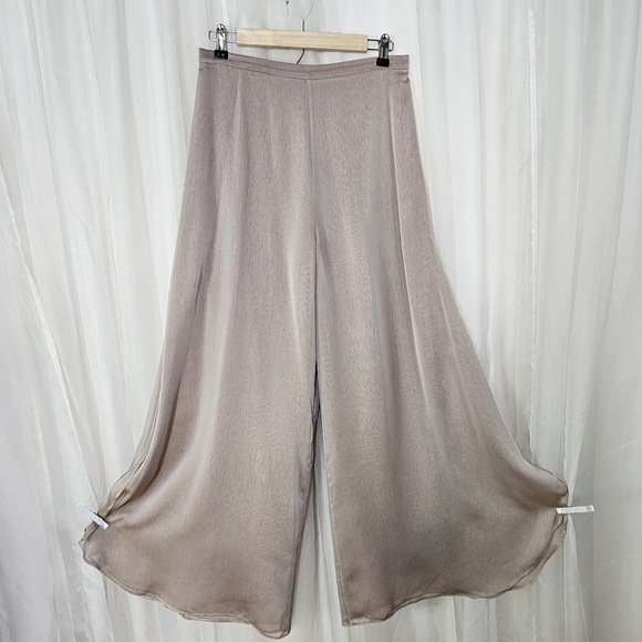 St. John Pants - St. John Evening Wide-Leg Silk Satin Chiffon Layered Side Slit Trousers Taupe 8